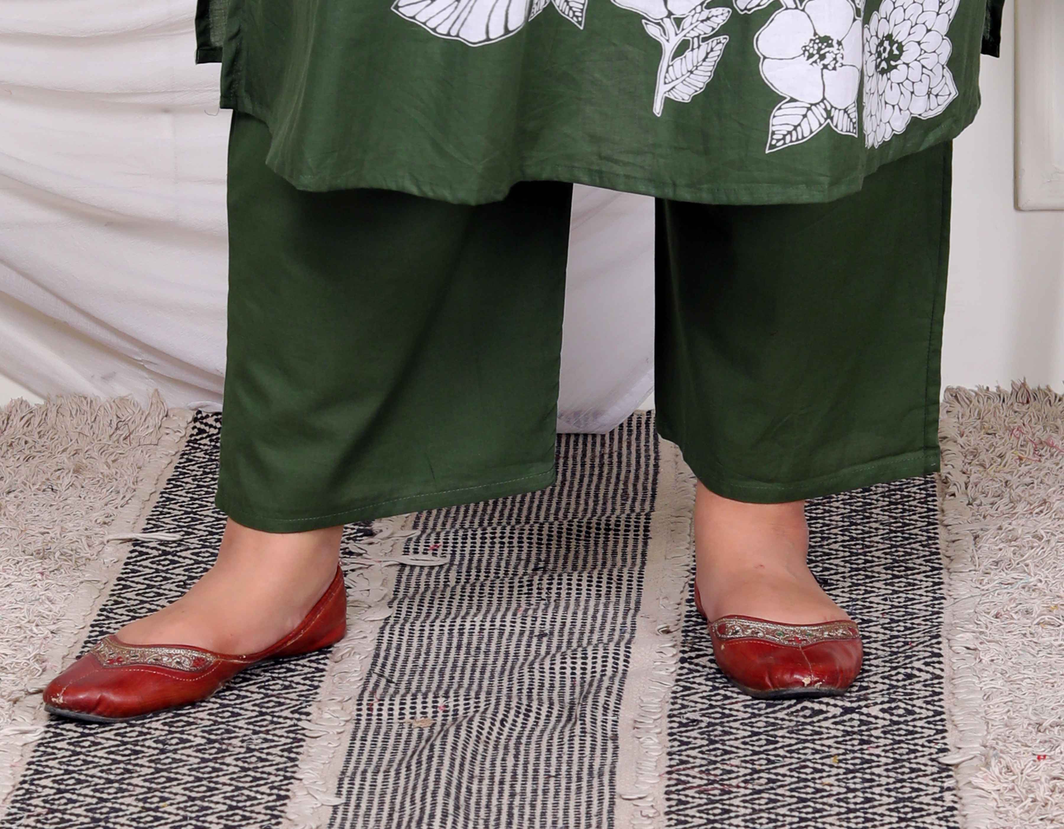 Mehandi Floral Pintuck Cotton Kurta Palazzo with Dupatta Set